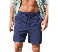 HMIYA Herren Shorts Sommer Leinen Kurze Hosen Lockere Sommershorts Leichte Freizeit Leinenhose mit Taschen Marineblau,L
