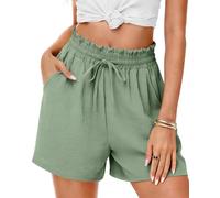 HMIYA Kurze Hose Damen High Waist Leicht Sommershorts Weites Bein Sommer Musselin Shorts mit Taschen,Grün,S