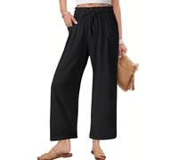 HMIYA Leinenhose Damen 7/8 Culotte Sommer Leichte Hohe Taille Hose Palazzo Leinen Freizeithose Sommerhose mit Tasche und Tunnelzug,Schwarze,M
