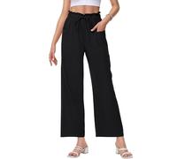 HMIYA Leinenhose Damen 7/8 Culotte Sommer Leichte Hohe Taille Hose Palazzo Leinen Freizeithose Sommerhose mit Tasche und Tunnelzug,Schwarze,XL