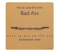 HMOOY Morsecode Armband versilberte Perlen auf Seidenschnur Freundschaftsarmband Geheime Botschaft Morris Schmuck für Frauen Männer Geschenk für sie Ihn (Bad Ass)