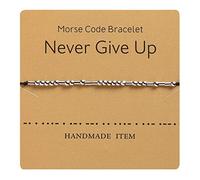 HMOOY Morsecode Armband versilberte Perlen auf Seidenschnur Freundschaftsarmband Geheime Botschaft Morris Schmuck für Frauen Männer Geschenk für sie Ihn (Gib Niemals auf)