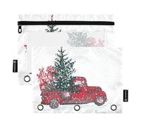 HMZXZ Federmäppchen für 3-Ringbuch, Weihnachts-LKW, Geschenk-Baumbeutel mit Reißverschluss, Stiftehalter mit transparentem Fenster, Schule, Klasse, Büro, 2 Stück, Multi