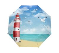 HMZXZ Regenschirm für Frauen Männer Jungs Mädchen Winddicht Kompakt Reise Leicht Regen, Meer Strand Leuchtturm Vogel Falten Auto Öffnen Schließen, Mehrfarbig Tierdruck