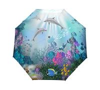 HMZXZ RXYY Meer Tier Delfins Pflanzen Falten Auto Öffnen Schließen Regenschirm für Frauen Männer Jungs Mädchen Winddicht Kompakt Reise Leicht Regen Regenschirm