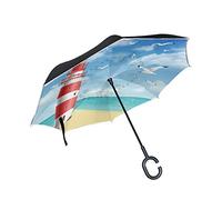 HMZXZ RXYY Winddicht Doppelt Schicht Falten Invertiert Regenschirm Meer Strand Leuchtturm Vogel Wasserdicht Umkehren Regenschirm für Regen Schutz Wagen Reise Draussen Men Women