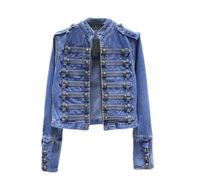 Hndudnff Damen-Jeansjacke, Militär-Stil, Stehkragen, schmal, zweireihig, kurze Denim-Jacke, Oberbekleidung, blau, XL