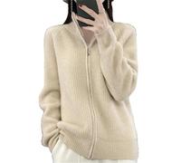 Hndudnff Damen Strickjacke aus Merinowolle Strickpullover Lässiger Rollkragenpullover mit Reißverschluss Verdickender Kaschmirmantel, beige, XL