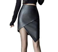 Hndudnff Sexy unregelmäßiger kurzer silberner Lederrock für Damen, hohe Taille, Büro-Wickel-Minirock, Schwarzer Rock, 40