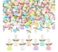 HOBBIESAY 100 Stücke Acryl Engel Anhänger Charms Antik Gold Engel Flügel Herz Charm 23x14x6mm Bunte Engels Anhänger Herz Perle Feen Flügel Perle für Schmuckherstellung Schlüsselanhänger Halskette