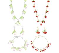 HOBBIESAY 2 Stück 2 Farben Erdbeer Halsketten Sets Kirsch Halsketten Armband Ohrring Sets Süßes Acryl Obst Ohrring Set Zarter Schmuck Für Frauen Geburtstag Jahrestag Muttertag Geschenk