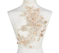 HOBBIESAY 2 Stück Hellgoldene Blumen Spitzen Applikationen 3D Blumenstickerei Applikationen Perlen Blumenaufnäher Zum Aufnähen Für Frauen Hochzeitskleid Kleid Mieder Kostüm Kleidung Basteln DIY