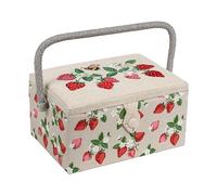Hobby Gift Exclusive Mittelgroße Nähhandwerk-Bastel-Aufbewahrungsbox, Zubehörablage, Nadelkissen, Tasche, PVC-Griff, bestickter Deckel, 18,5 x 25,5 x 14,5 cm, Bestickte Erdbeeren
