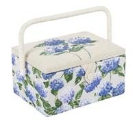 Hobby Gift Exclusive Mittelgroße Nähhandwerk-Bastel-Aufbewahrungsbox, Zubehörablage, Nadelkissen, Tasche, PVC-Griff, bedruckte Seiten, bestickter Deckel, 18,5 x 25,5 x 14,5 cm, Hortensie