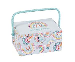 Hobby Gift Exclusive Mittelgroße Nähhandwerk-Hobby-Aufbewahrungsbox, Zubehörablage, Nadelkissen, Tasche, PVC-Griff, bestickter Deckel, 18,5 x 25,5 x 14,5 cm, Gestickter Regenbogen