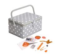 Hobby Gift Exklusive vorgefüllte Nähbox, Bastel-Aufbewahrungsbox mit 94-teiligem Nähset inklusive, 18,5 x 25,5 x 14,5 cm, graue Tupfen