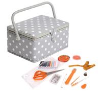 Hobby Gift Nähkästchen Mittel Set mit Griff - Nähkorb aus Baumwolle mit Fächern für Nähzubehör & Werkzeuge - Aufbewahrungsbox für Handarbeit - 18,5 x 25,5 x 14,5 cm, Grau mit Punkten