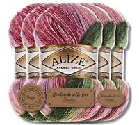 Hobby YARN 3x Etikettenlabel mit Alize Angora Gold Batik Wolle Premium 5x100g als Set, Yarn, Garn, Schurwolle, Farbverlauf, Strickgarn zum Häkeln, Stricken, Kleidung (2527)