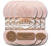 Hobby YARN 3x Etikettenlabel mit Alize Angora Gold Wolle Premium 5x100g als Set, Yarn, Garn, Dünne Mohair aus Schurwolle, Uni, Einfarbig, Strickgarn (Powder - 404)