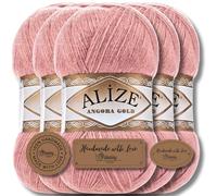 Hobby YARN 3x Etikettenlabel mit Alize Angora Gold Wolle Premium 5x100g als Set, Yarn, Garn, Dünne Mohair aus Schurwolle, Uni, Einfarbig, Strickgarn (Salmon Pink - 144)