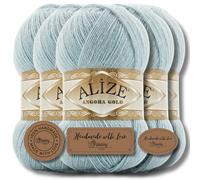 Hobby YARN 3x Etikettenlabel mit Alize Angora Gold Wolle Premium 5x100g als Set, Yarn, Garn, Dünne Mohair aus Schurwolle, Uni, Einfarbig, Strickgarn (Light Aqua - 114)