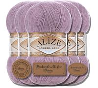 Hobby YARN 3x Etikettenlabel mit Alize Angora Gold Wolle Premium 5x100g als Set, Yarn, Garn, Dünne Mohair aus Schurwolle, Uni, Einfarbig, Strickgarn (Puce - 312)
