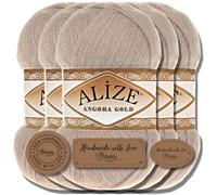 Hobby YARN 3x Etikettenlabel mit Alize Angora Gold Wolle Premium 5x100g als Set, Yarn, Garn, Dünne Mohair aus Schurwolle, Uni, Einfarbig, Strickgarn (Stone - 506)