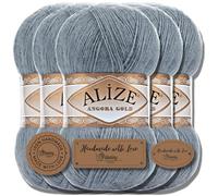 Hobby YARN 3x Etikettenlabel mit Alize Angora Gold Wolle Premium 5x100g als Set, Yarn, Garn, Dünne Mohair aus Schurwolle, Uni, Einfarbig, Strickgarn (Medium Grey - 87)