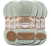 Hobby YARN 3x Etikettenlabel mit Alize Angora Gold Wolle Premium 5x100g als Set, Yarn, Garn, Dünne Mohair aus Schurwolle, Uni, Einfarbig, Strickgarn (Green Almond - 515)