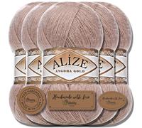 Hobby YARN 3x Etikettenlabel mit Alize Angora Gold Wolle Premium 5x100g als Set, Yarn, Garn, Dünne Mohair aus Schurwolle, Uni, Einfarbig, Strickgarn (Bark - 524)