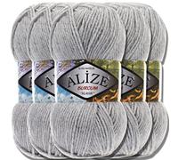 Hobby YARN 3x Etikettenlabel mit Alize Burcum Klasik Wolle Premium 5x100g als Set, Yarn, Garn, Strickgarn, Farbverlauf, Babywolle zum Häkeln, Stricken, Kleidung, Schals (Grey Melange - 21)