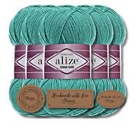 Hobby YARN 3x Etikettenlabel mit Alize Cotton Gold Wolle Premium 5x100g als Set, Yarn, Garn, Sommerwolle, Baumwolle, Strickgarn, Einfarbig, Baby, Kleidung, Schals (Jade - 610)