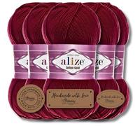 Hobby YARN 3x Etikettenlabel mit Alize Cotton Gold Wolle Premium 5x100g als Set, Yarn, Garn, Sommerwolle, Baumwolle, Strickgarn, Einfarbig, Baby, Kleidung, Schals (Burgundy - 57)