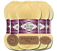 Hobby YARN 3x Etikettenlabel mit Alize Cotton Gold Wolle Premium 5x100g als Set, Yarn, Garn, Sommerwolle, Baumwolle, Strickgarn, Einfarbig, Baby, Kleidung, Schals (Light Yellow - 187)