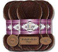 Hobby YARN 3x Etikettenlabel mit Alize Cotton Gold Wolle Premium 5x100g als Set, Yarn, Garn, Sommerwolle, Baumwolle, Strickgarn, Einfarbig, Baby, Kleidung, Schals (Brown - 26)