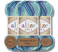 Hobby YARN 3x Etikettenlabel mit Alize Diva Batik Wolle 3 x 100g als Set, Garn, Yarn, Strickgarn mit Farbverlauf, Baby, Akzente, Accessoire, zum Häkeln, Stricken, Kleidung (1767)