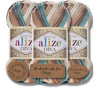 Hobby YARN 3x Etikettenlabel mit Alize Diva Batik Wolle 3 x 100g als Set, Garn, Yarn, Strickgarn mit Farbverlauf, Baby, Akzente, Accessoire, zum Häkeln, Stricken, Kleidung (4603)