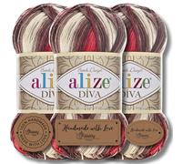 Hobby YARN 3x Etikettenlabel mit Alize Diva Batik Wolle 3 x 100g als Set, Garn, Yarn, Strickgarn mit Farbverlauf, Baby, Akzente, Accessoire, zum Häkeln, Stricken, Kleidung (4574)