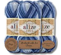 Hobby YARN 3x Etikettenlabel mit Alize Diva Batik Wolle 3 x 100g als Set, Garn, Yarn, Strickgarn mit Farbverlauf, Baby, Akzente, Accessoire, zum Häkeln, Stricken, Kleidung (3282)
