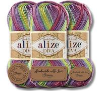 Hobby YARN 3x Etikettenlabel mit Alize Diva Batik Wolle 3 x 100g als Set, Garn, Yarn, Strickgarn mit Farbverlauf, Baby, Akzente, Accessoire, zum Häkeln, Stricken, Kleidung (3241)