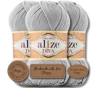 Hobby YARN 3x Etikettenlabel mit Alize Diva Wolle 3 x 100g als Set, Garn, Yarn, Strickgarn, Einfarbig, Unifarben, Baby, Akzente, Accessoire, zum Häkeln, Stricken, Kleidung (496)