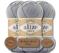 Hobby YARN 3x Etikettenlabel mit Alize Diva Wolle 3 x 100g als Set, Garn, Yarn, Strickgarn, Einfarbig, Unifarben, Baby, Akzente, Accessoire, zum Häkeln, Stricken, Kleidung (355)