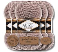 Hobby YARN 3x Etikettenlabel mit Alize Lanagold Wolle Premium 5x100g als Set, Yarn, Garn, Strickgarn, Einfarbig, Baby, zum Häkeln, Stricken, Kleidung, Schals (Milky Brown - 584)