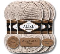 Hobby YARN 3x Etikettenlabel mit Alize Lanagold Wolle Premium 5x100g als Set, Yarn, Garn, Strickgarn, Einfarbig, Baby, zum Häkeln, Stricken, Kleidung, Schals (Beige Melange - 152)