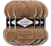 Hobby YARN 3x Etikettenlabel mit Alize Lanagold Wolle Premium 5x100g als Set, Yarn, Garn, Strickgarn, Einfarbig, Baby, zum Häkeln, Stricken, Kleidung, Schals (Dark Beige - 466)