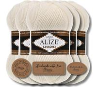 Hobby YARN 3x Etikettenlabel mit Alize Lanagold Wolle Premium 5x100g als Set, Yarn, Garn, Strickgarn, Einfarbig, Baby, zum Häkeln, Stricken, Kleidung, Schals (Light Cream - 62)