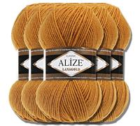 Hobby YARN 3x Etikettenlabel mit Alize Lanagold Wolle Premium 5x100g als Set, Yarn, Garn, Strickgarn, Einfarbig, Baby, zum Häkeln, Stricken, Kleidung, Schals (Mustard - 645)