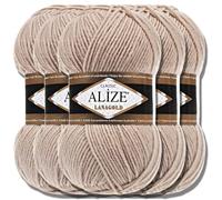 Hobby YARN 3x Etikettenlabel mit Alize Lanagold Wolle Premium 5x100g als Set, Yarn, Garn, Strickgarn, Einfarbig, Baby, zum Häkeln, Stricken, Kleidung, Schals (Beige - 5)