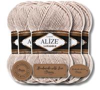 Hobby YARN 3x Etikettenlabel mit Alize Lanagold Wolle Premium 5x100g als Set, Yarn, Garn, Strickgarn, Einfarbig, Baby, zum Häkeln, Stricken, Kleidung, Schals (Stone - 585)
