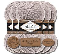 Hobby YARN 3x Etikettenlabel mit Alize Lanagold Wolle Premium 5x100g als Set, Yarn, Garn, Strickgarn, Einfarbig, Baby, zum Häkeln, Stricken, Kleidung, Schals (Light Brown Melange - 207)